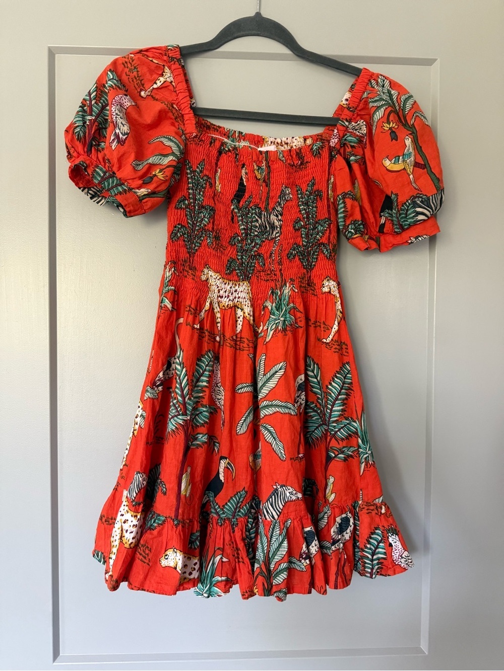 Mary Marshmallow Jungle Print Mini Ballon Sleeve Smocked Dress Size Small
